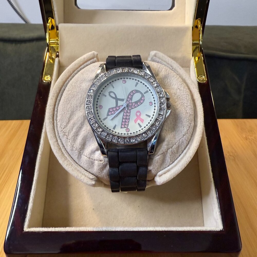 Breast Cancer Awareness Pink/Silver/Black Crystal Watch, 43mm